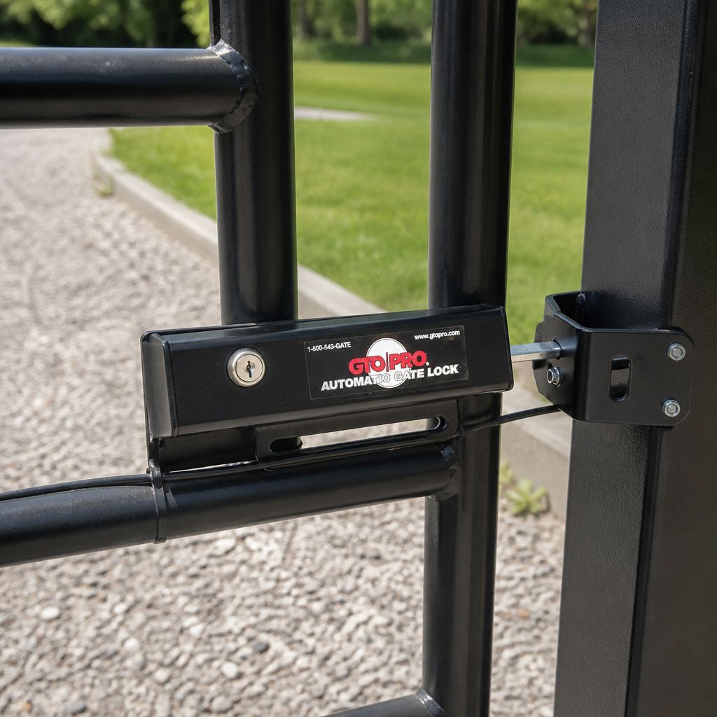 Nice FM144 automatic gate lock installed on a driveway swing gate, latched into its post-mounted receiver
