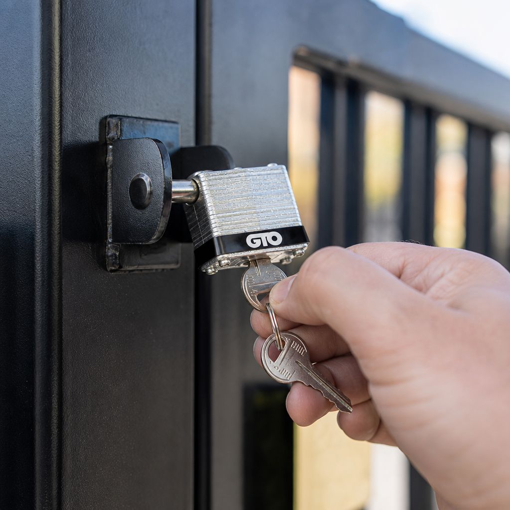 Hand turning the key in a GTO FM345 pin lock fitted on the post bracket of a gate opener arm