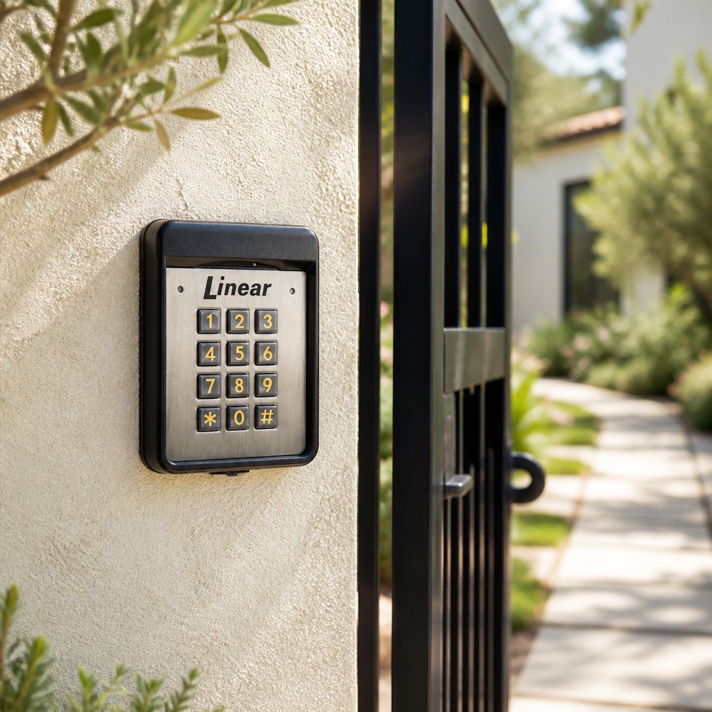 Linear AK-11 keypad on a stucco garden wall beside a black steel pedestrian gate