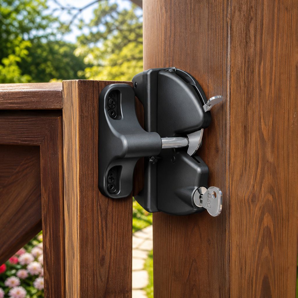 LokkLatch S3 on a wooden side-yard gate (illustrative render)