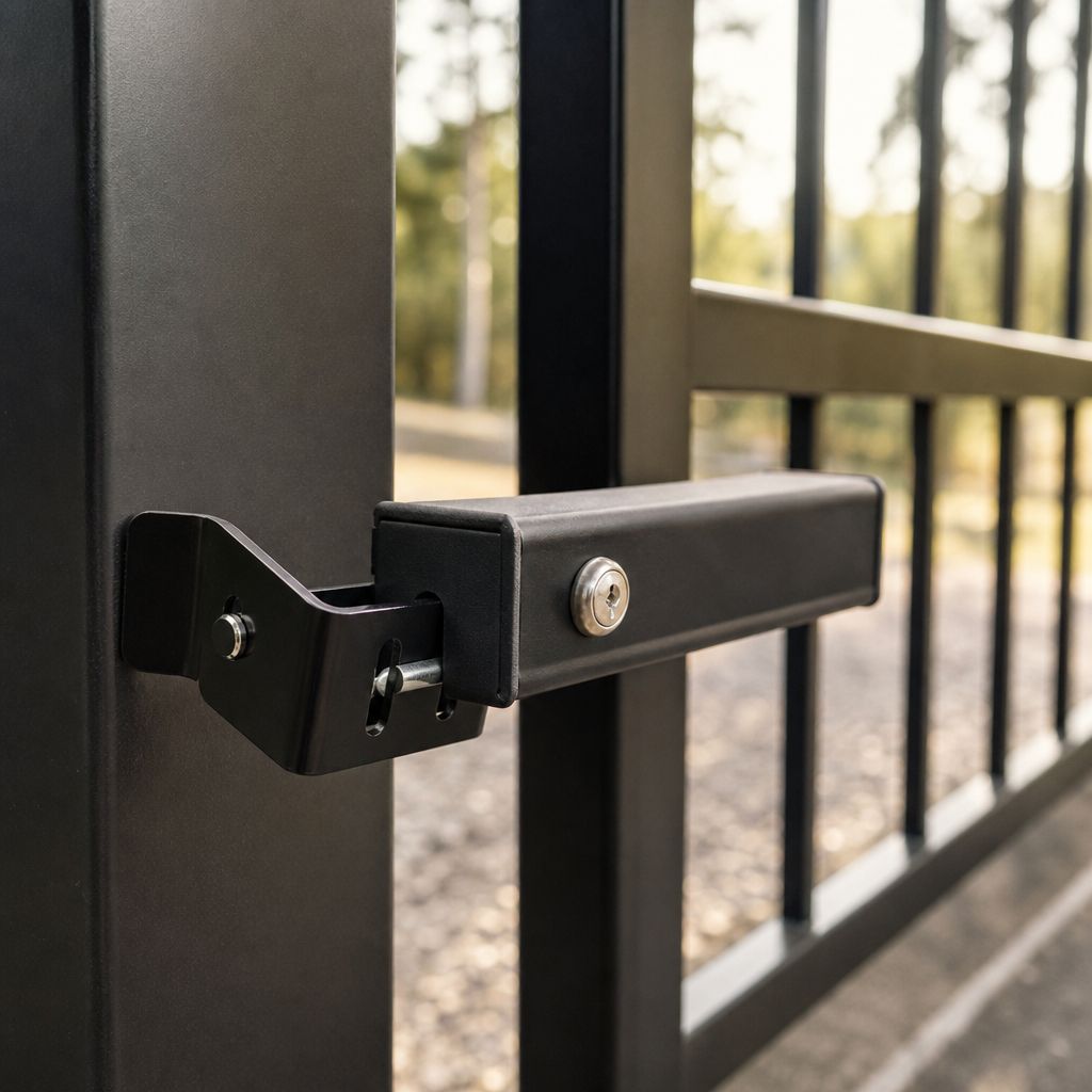 FM144 lock body with keyed cylinder, latch seated in the black receiver bracket on the gate post, seen from the post side