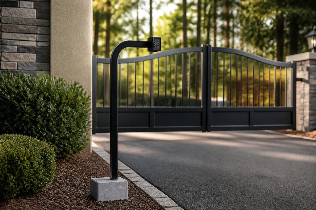 GNB-1 gooseneck post set in a concrete footing beside an asphalt driveway, keypad on its arm before a black arched gate