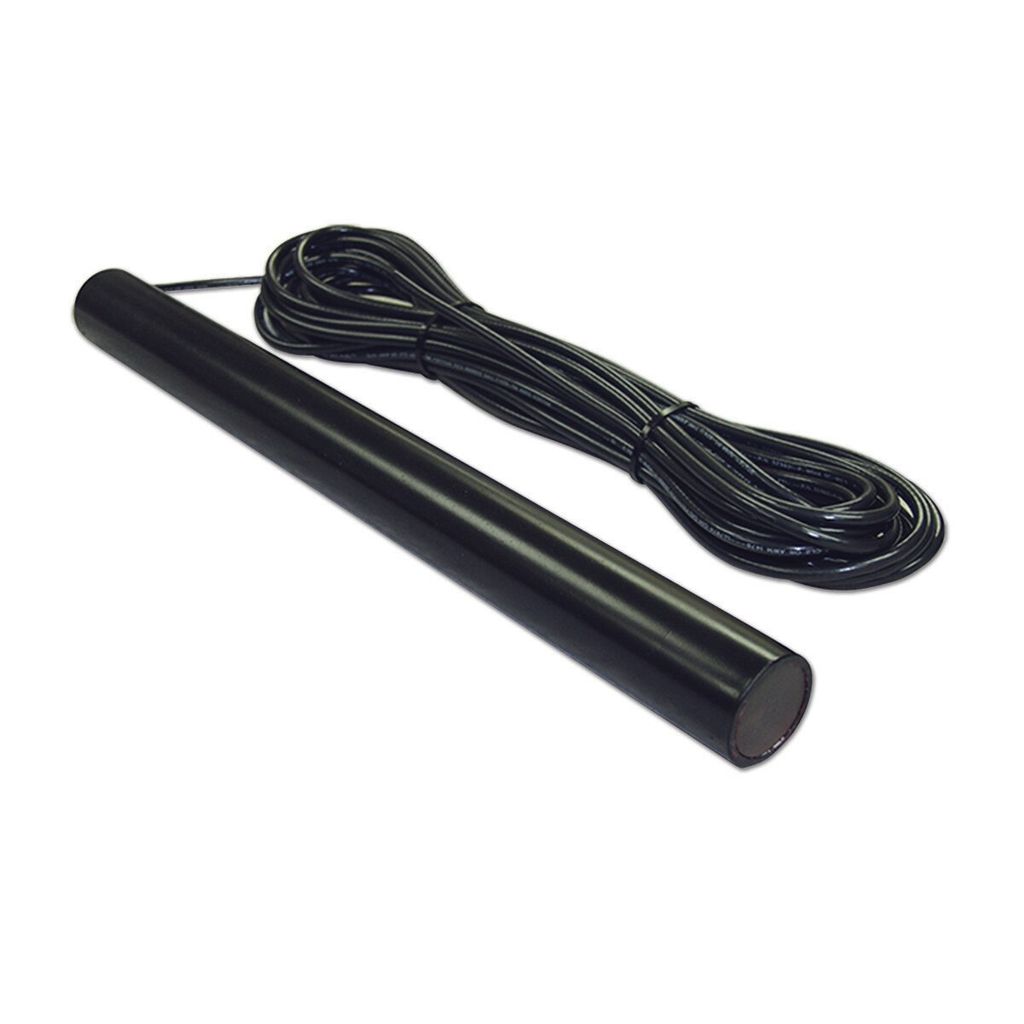 FM139 driveway exit wand: black sensor tube with its 50 ft direct-burial cable coiled behind it