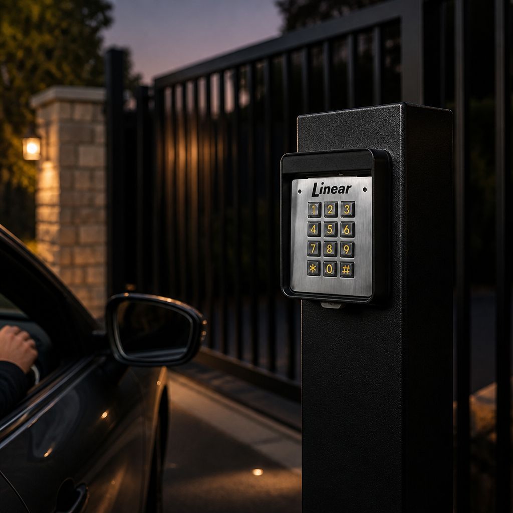 AK-11 keypad mounted on a square steel post beside a driveway lane in front of a black gate at dusk