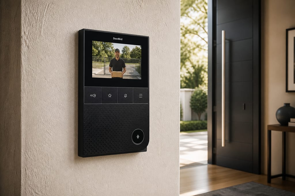 DoorBird A1101 in black mounted on the wall in a modern entry hallway, showing a visitor at the gate