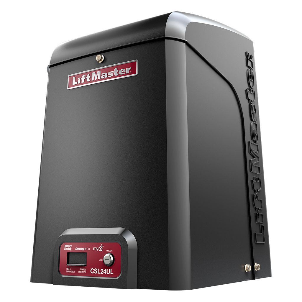 LiftMaster CSL24UL commercial slide gate opener, front three-quarter view