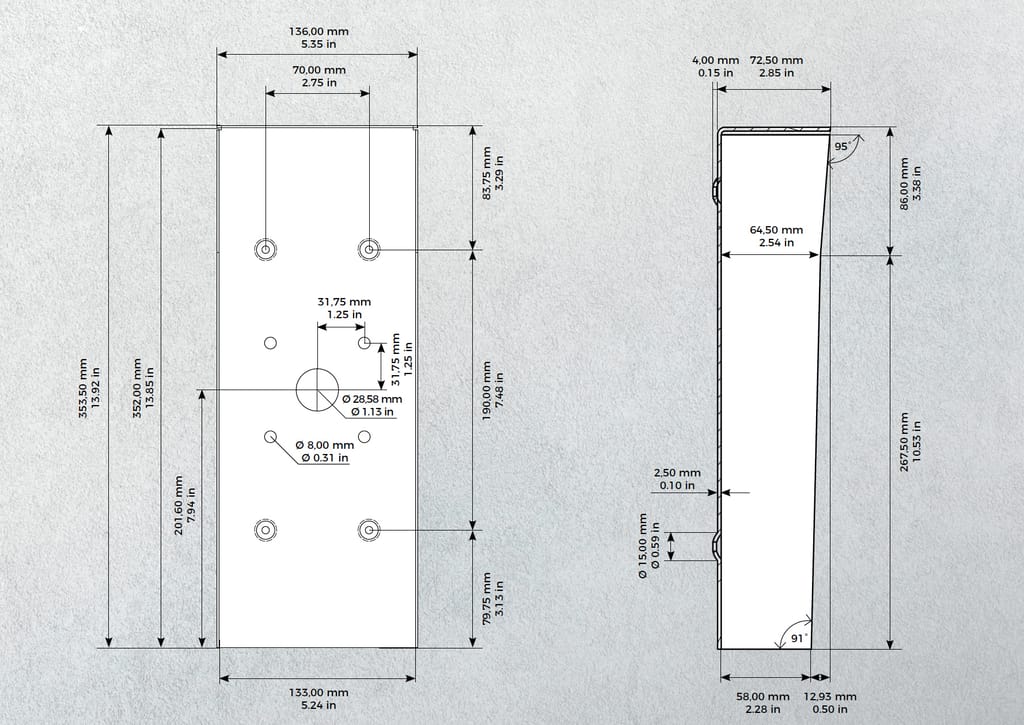 DoorBird D2101KV protective hood dimension drawing: front and side views with hole positions in mm and inches