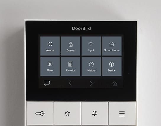 DoorBird A1101 in white, straight-on view of the tile menu