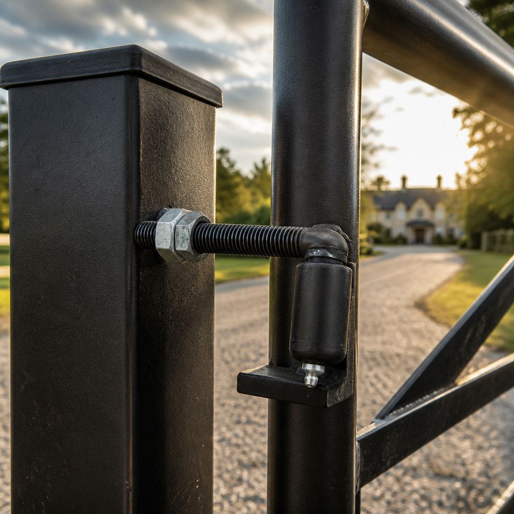 44-2005-ADJ hinge hanging a steel driveway gate (illustrative render)