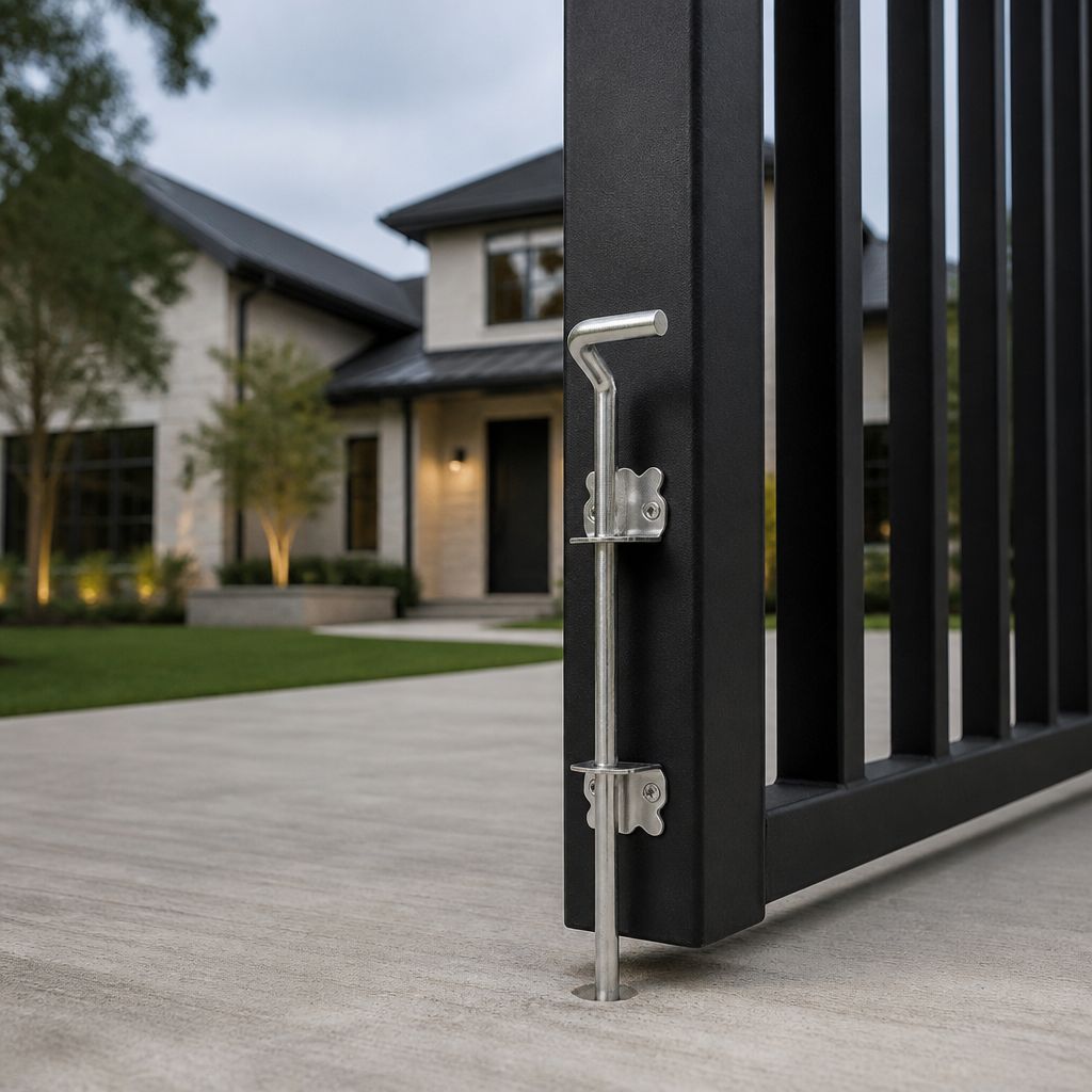 30-6018 cane bolt mounted upright on the end stile of an open black steel gate, rod dropped into the concrete drive