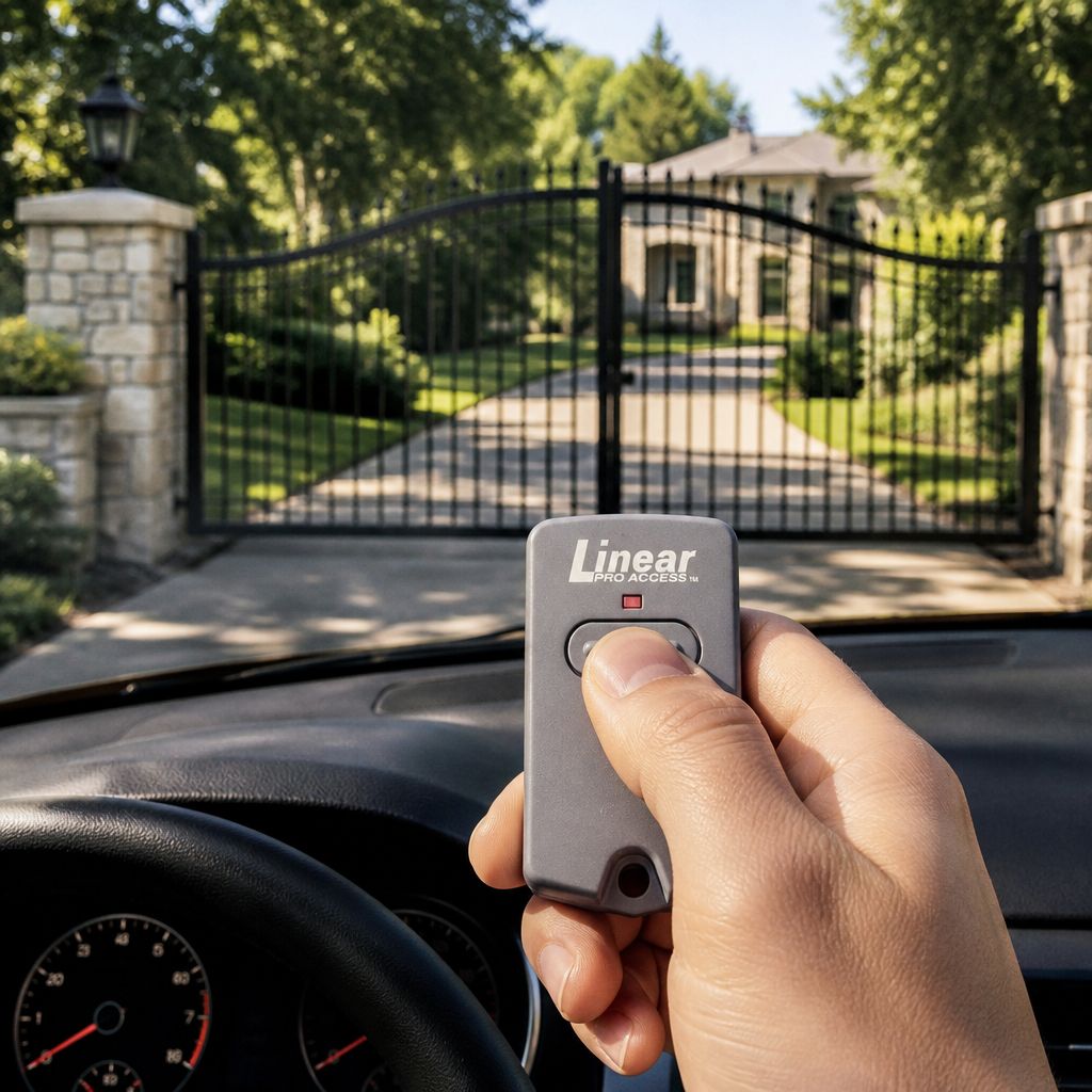 Driver holding the RB741 remote in the car, pointed at a closed driveway swing gate