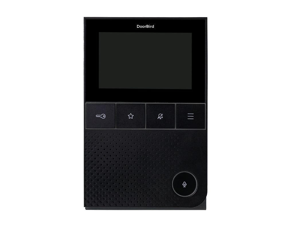 DoorBird A1101 indoor station in black, straight-on front view of the 4-inch touchscreen and buttons