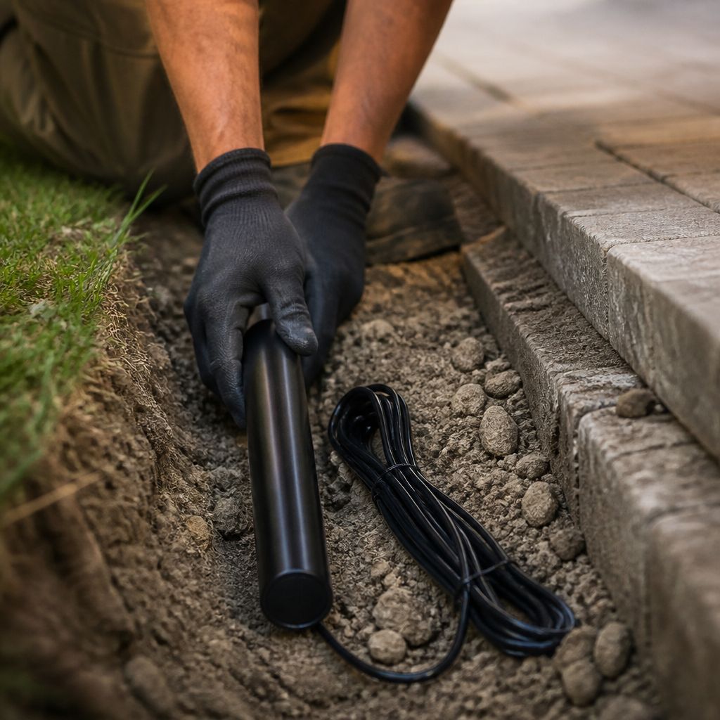 Gloved hands setting the black FM139 exit wand into a narrow trench along a paver driveway edge, its cable beside it
