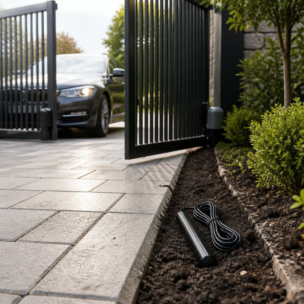 FM139 exit wand and coiled cable in a soil strip beside a paver driveway, inside a black steel gate with a car beyond