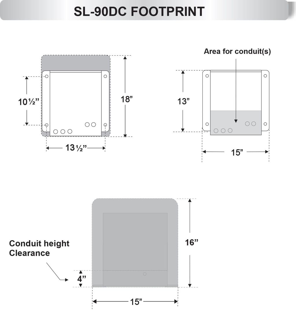 SL-90DC footprint drawing: 13.5 × 10.5 in bolt pattern, 18 in deep, 15 in wide, 16 in tall