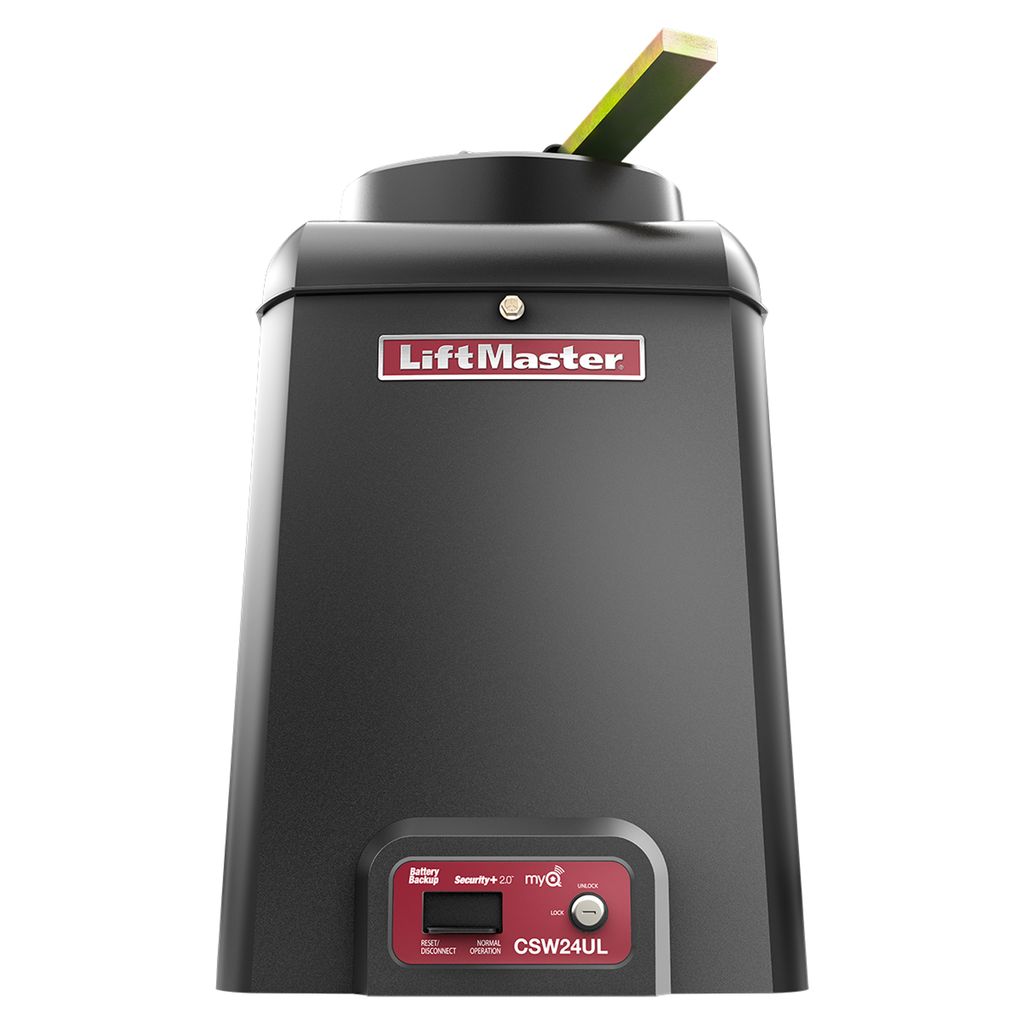 LiftMaster CSW24UL front view with diagnostic display, Security+ 2.0 and myQ panel