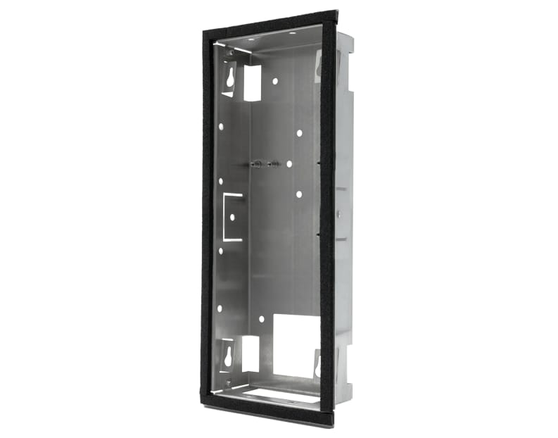 DoorBird flush-mount housing for the D2101KV, empty stainless backbox with flange gasket and mounting tabs