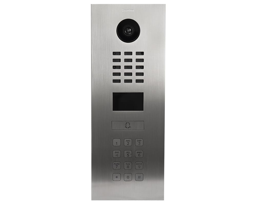 DoorBird D2101KV IP video intercom, straight-on front: camera, speaker, call button and 12-key keypad