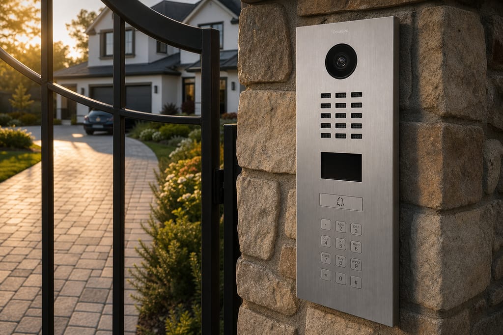 DoorBird D2101KV video intercom on a stone driveway gate pillar