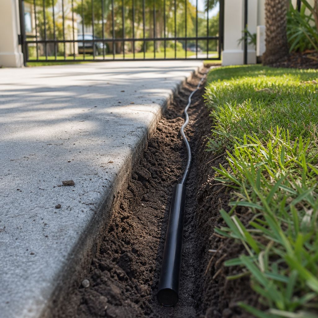 FM139 exit wand laid in a 12 in trench beside a concrete driveway, cable routed toward the gate opener