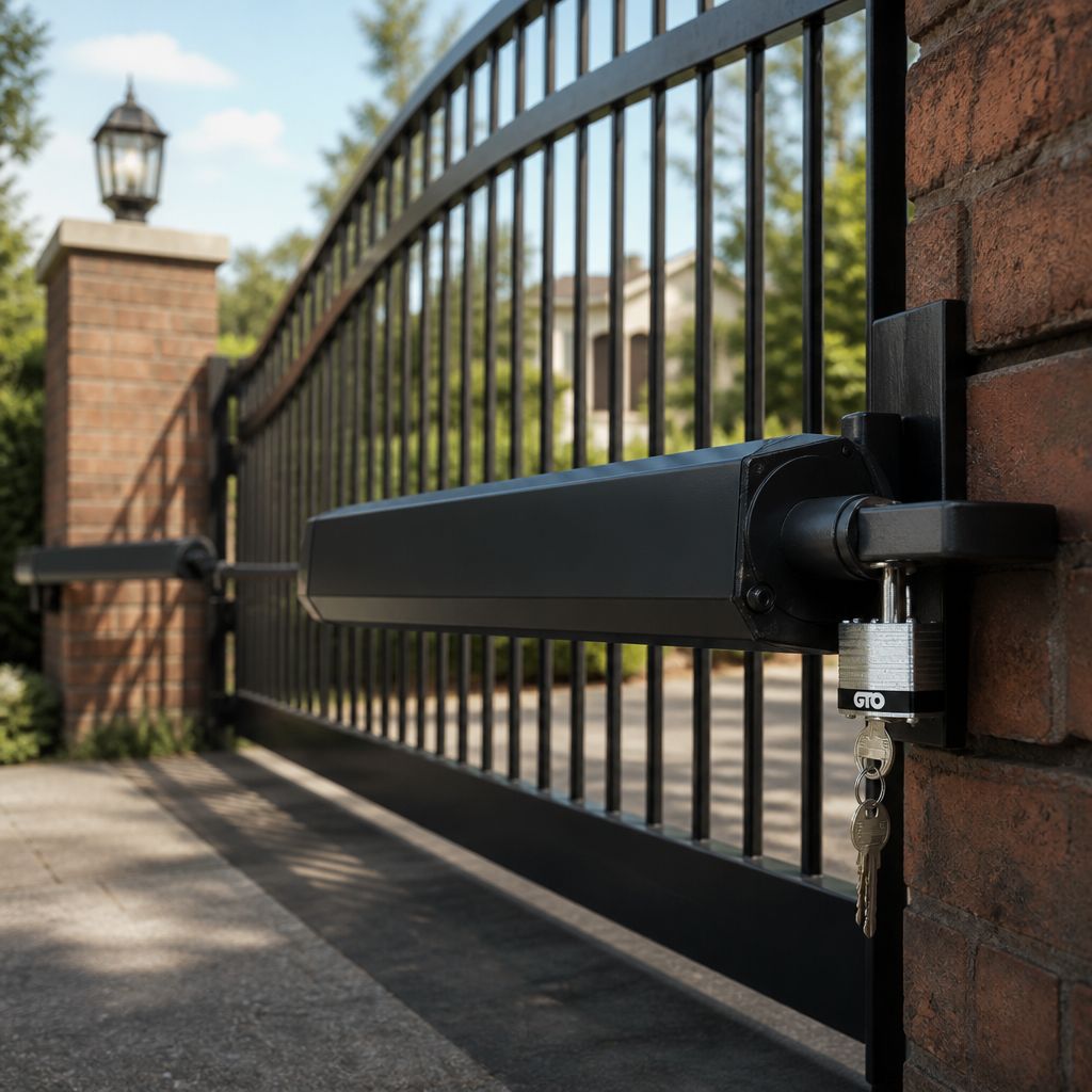 FM345 pin lock securing the post bracket of a black swing gate opener arm on a brick pillar, curved black gate beyond