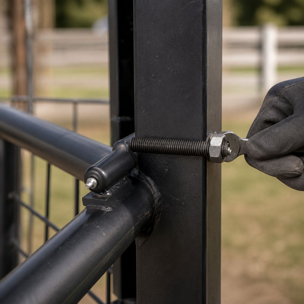 Gloved hand adjusting a 44-2005-ADJ hinge: J-bolt through a square post, barrel welded to the round gate frame
