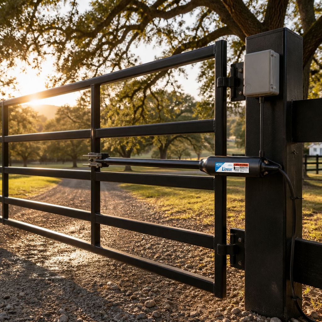 Nice PRO-SW4000XLS arm installed on a ranch swing gate, motor end on the hinge post
