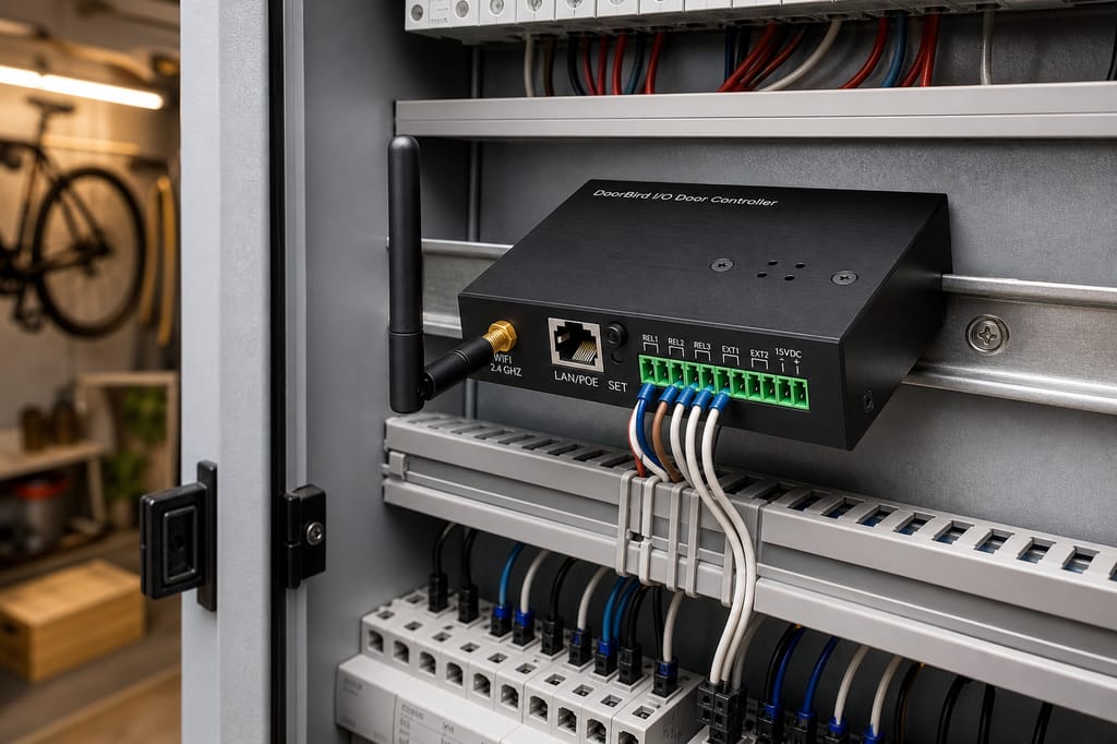 DoorBird A1081 I/O Door Controller on a DIN rail in a control cabinet, wired to its relay terminals