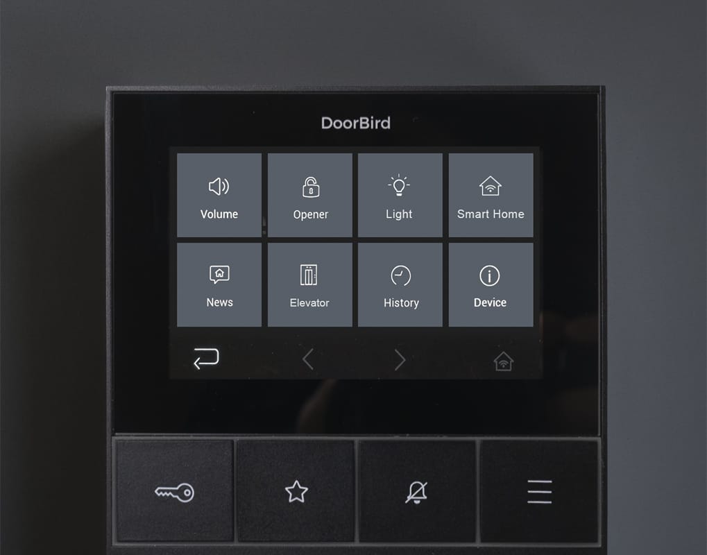 DoorBird A1101 in black, straight-on view of the tile menu