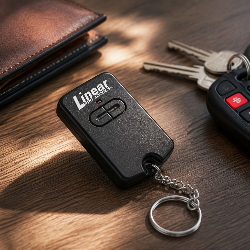 Linear RB742 two-button remote on its key chain beside house keys and a leather wallet on a wooden table