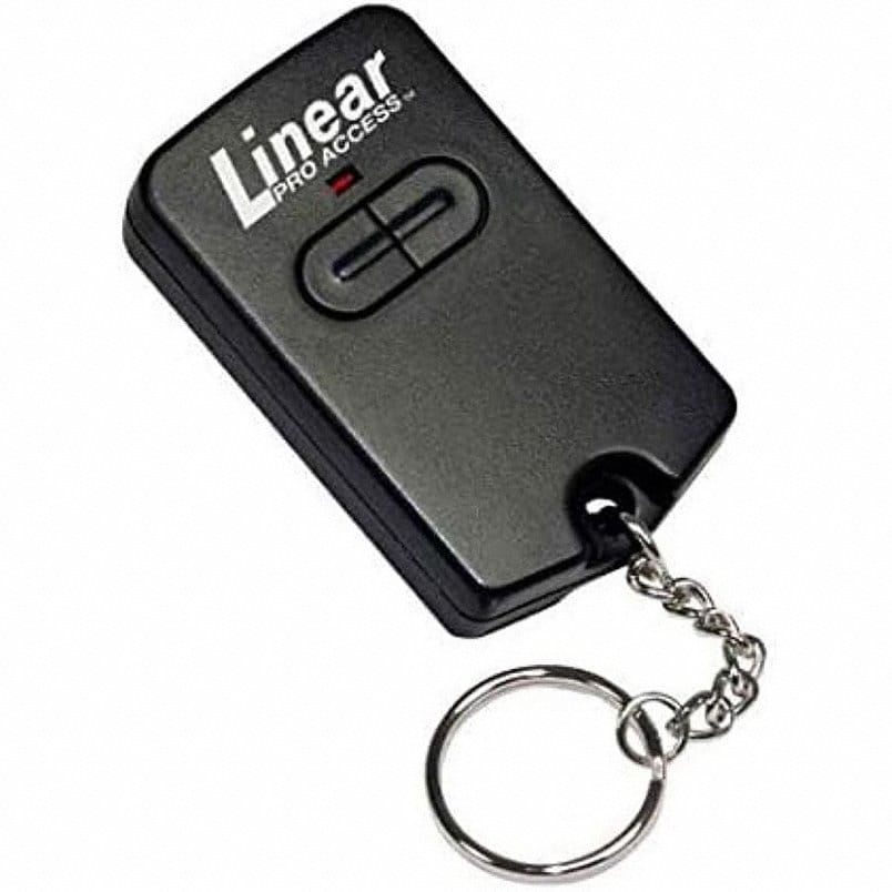 RB742 two-button gate remote: dark gray Linear PRO ACCESS transmitter with split two-button pad, red LED, key ring and chain