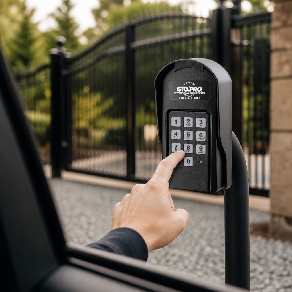 Driver pressing a code on the GTO PRO F310 keypad, hooded, on a black post at car-window height before a black gate