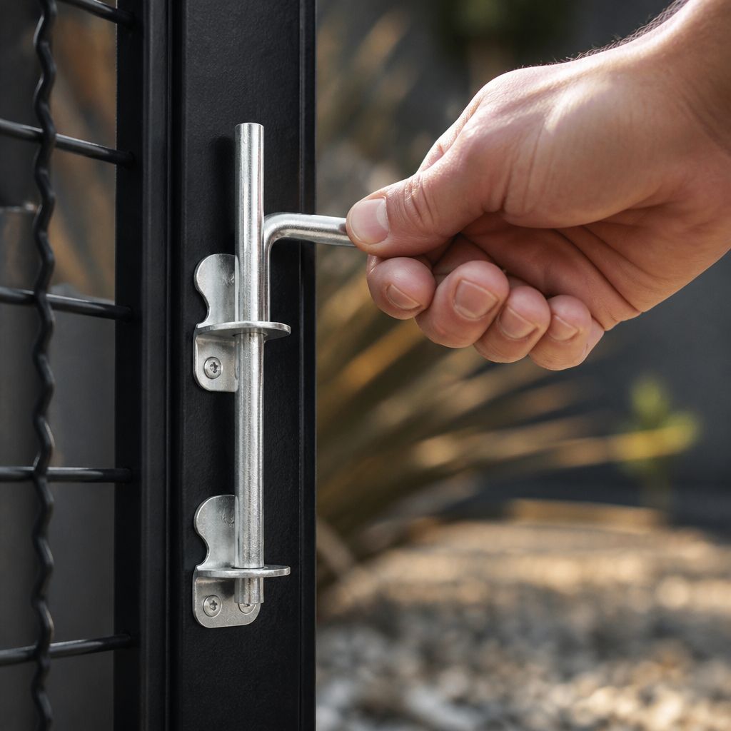 Hand lifting the L-handle of a 30-6018 cane bolt mounted vertically on a black steel gate stile