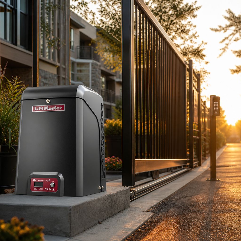LiftMaster CSL24UL installed on a concrete pad beside a black steel slide gate at an apartment entrance
