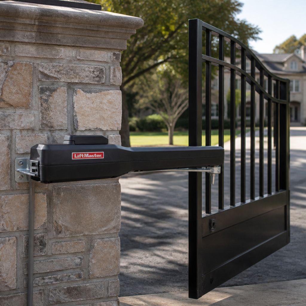 LiftMaster LA500 arm installed from a stone pillar bracket to a black steel swing gate leaf, gate partly open