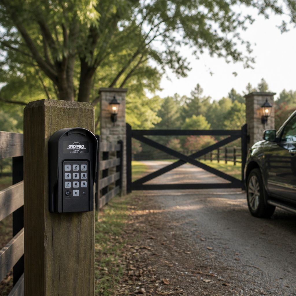 F310 keypad on a wooden post at a country drive entrance, a black ranch gate between stone pillars behind it