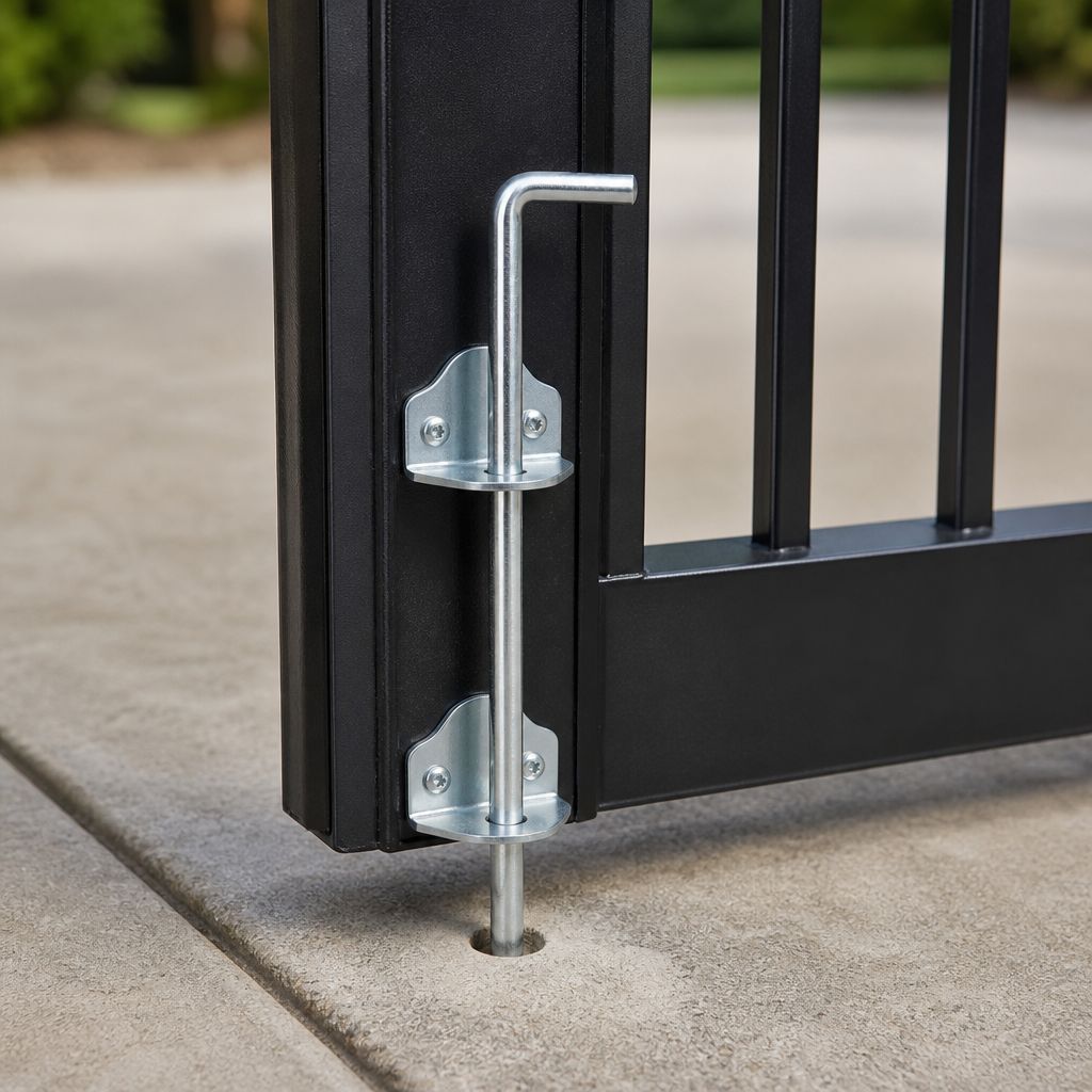 Close-up: 30-6018 cane bolt on a black gate stile, two brackets one above the other, rod down in a hole in the concrete