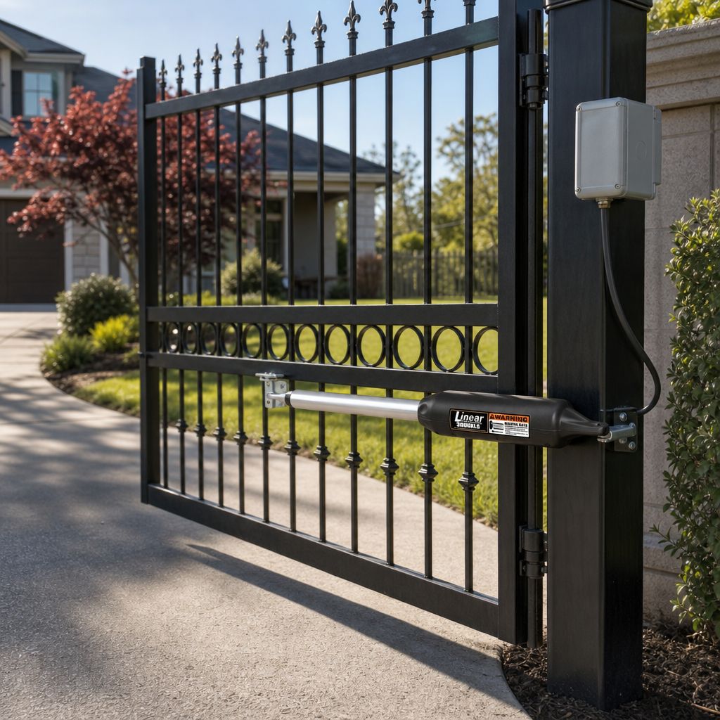 Nice PRO-SW3000XLS arm installed on a single ornamental driveway gate, motor end on the hinge post