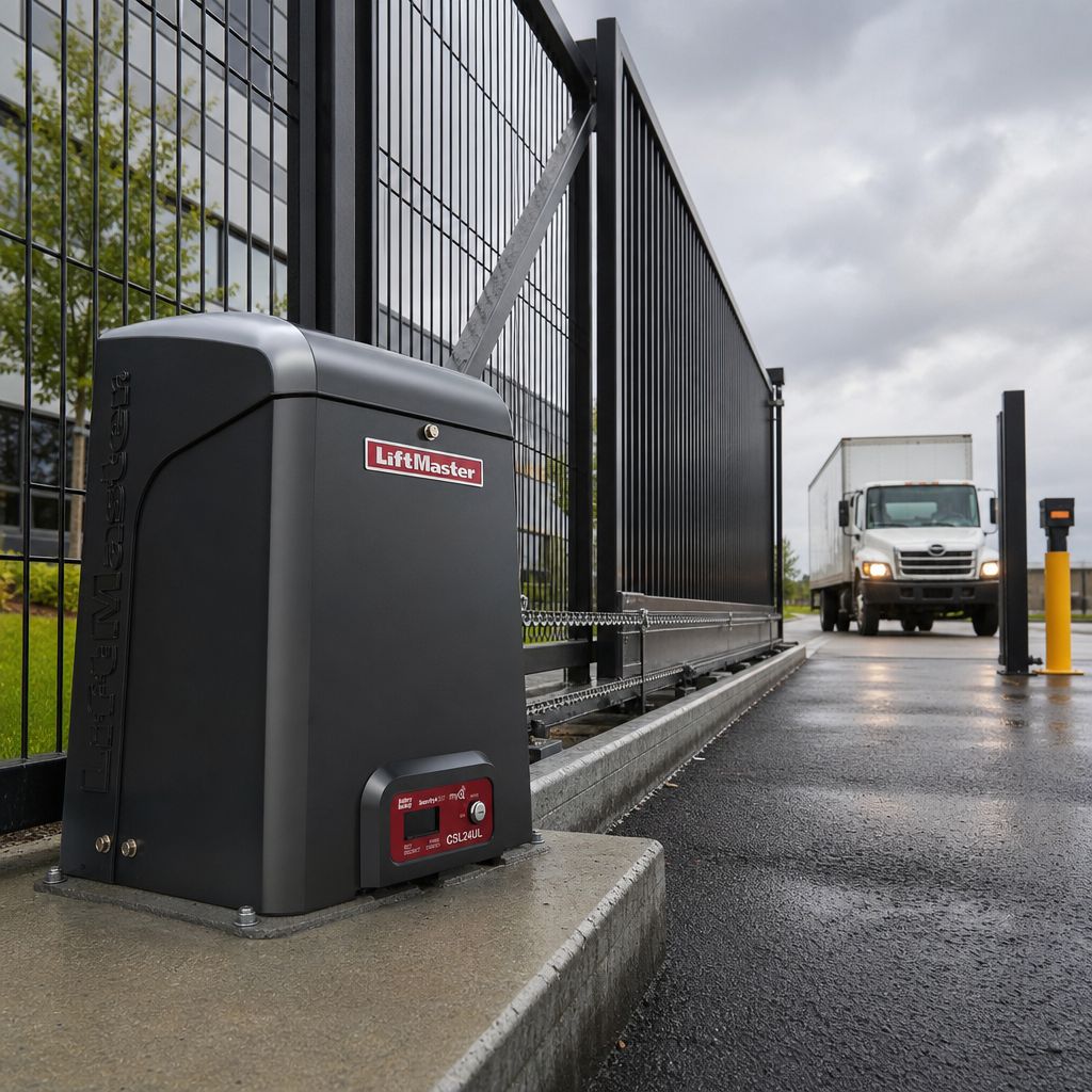 LiftMaster CSL24UL driving a chain-driven commercial slide gate at a business park entrance