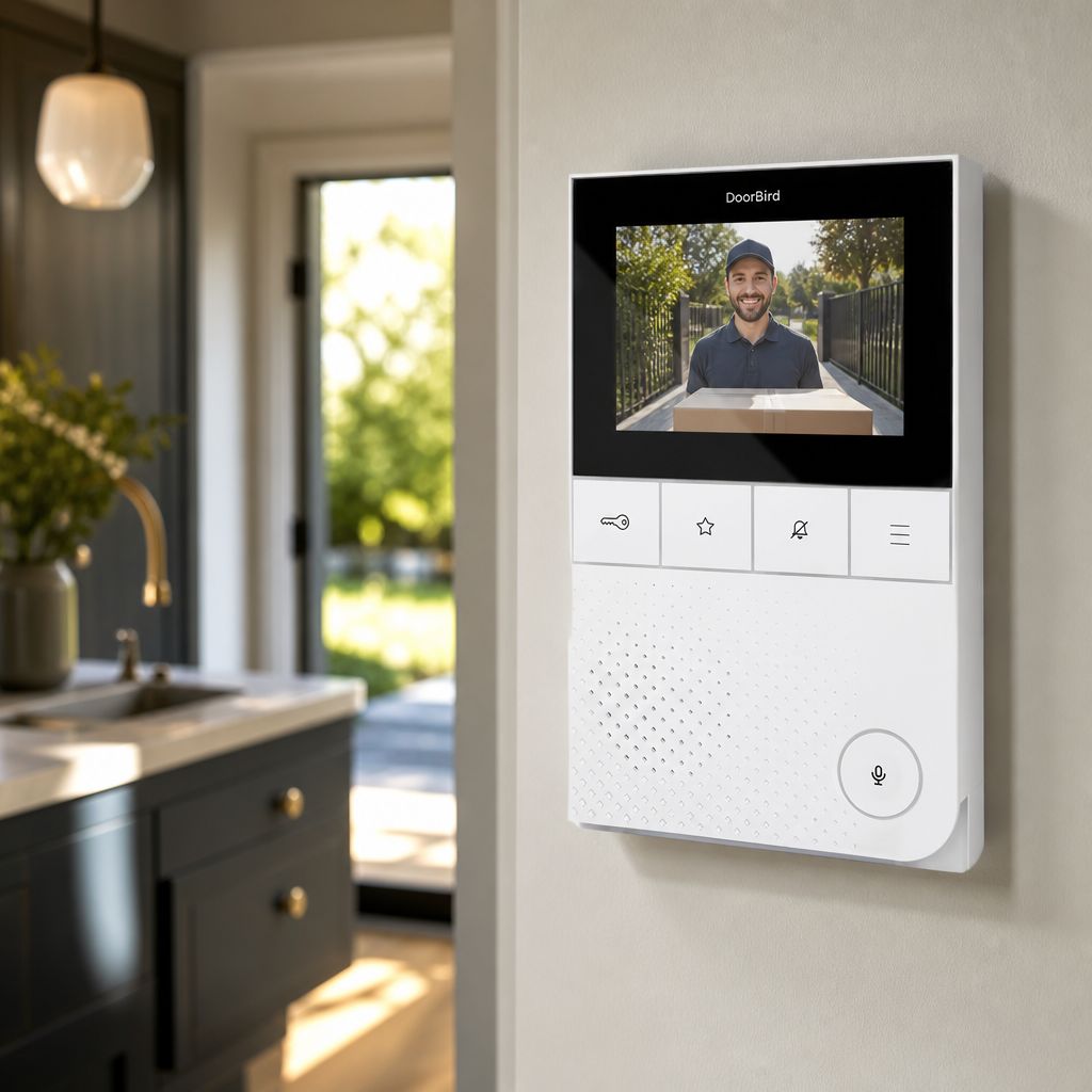 DoorBird A1101 in white mounted on the wall in a bright kitchen, showing a visitor at the gate
