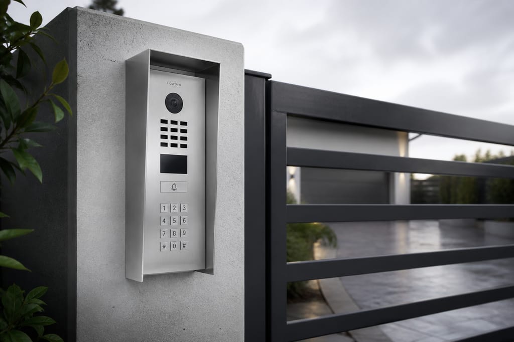 DoorBird protective hood on a gate pillar, framing a surface-mounted D2101KV (station and housing sold separately)