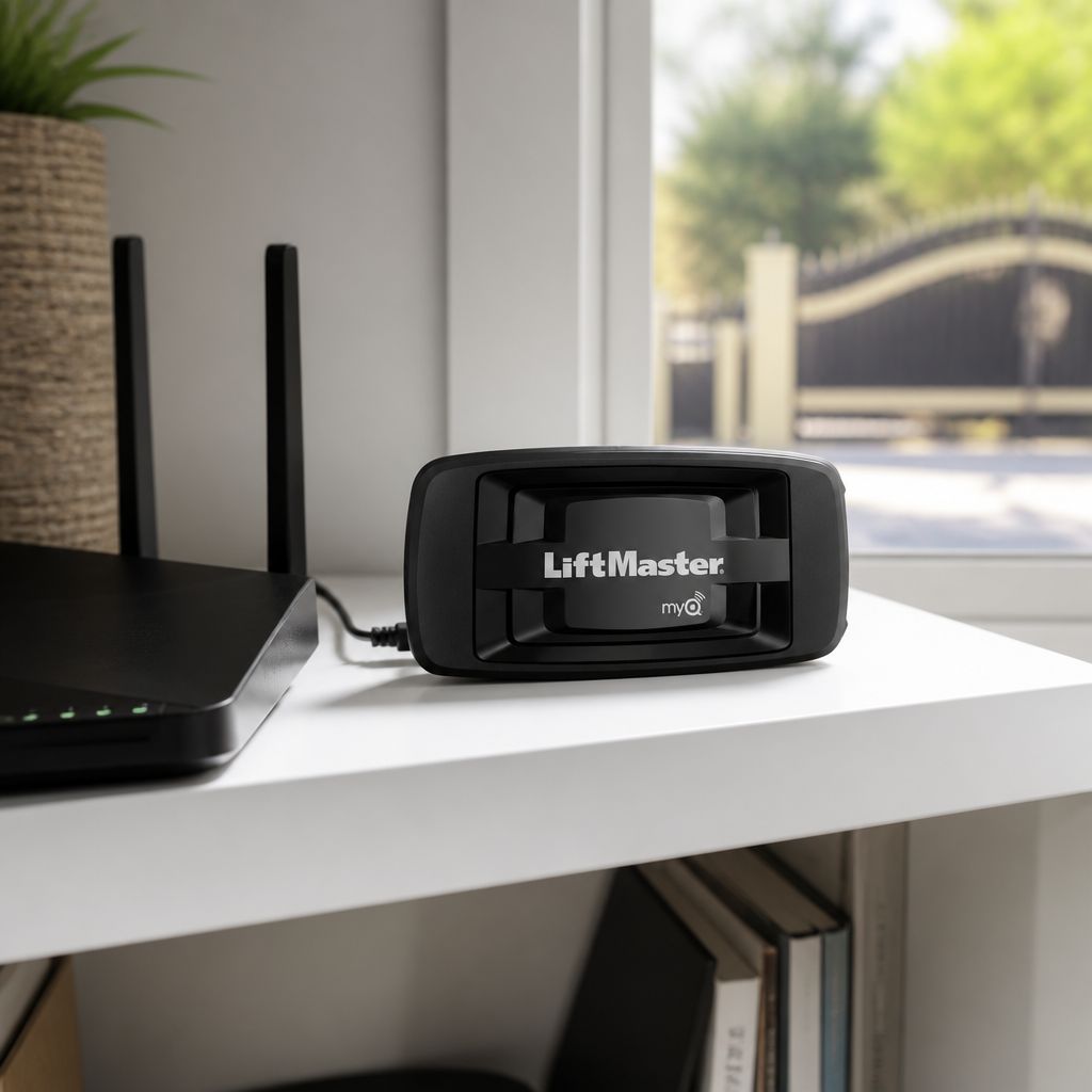 LiftMaster 828LM Internet Gateway cabled to a home Wi-Fi router