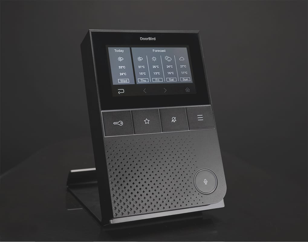 DoorBird A1101 in black on the optional A8003 table stand (sold separately), weather screen
