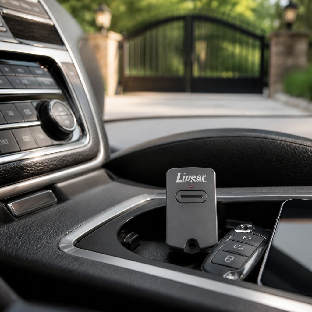 Linear RB741 remote in a car's center console tray next to a key fob, a black driveway gate through the windshield