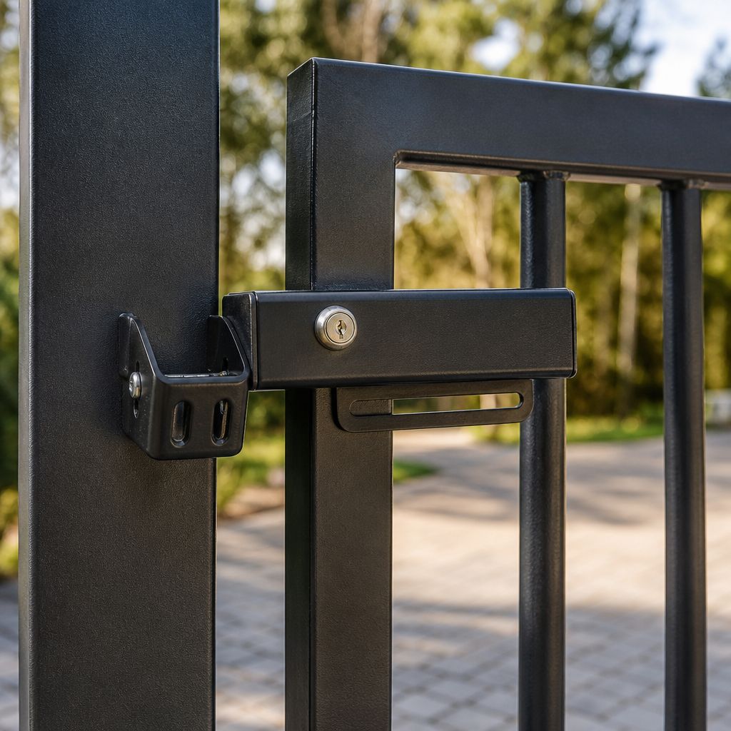 FM144 lock on a black steel gate stile, latch bar engaged in its slotted receiver bracket on the square gate post