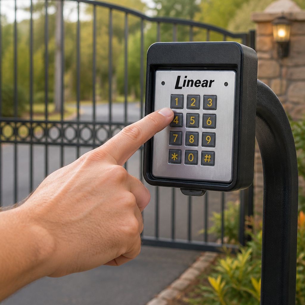 Finger pressing a key on the Linear AK-11 keypad mounted on a black gooseneck post, arched driveway gate behind