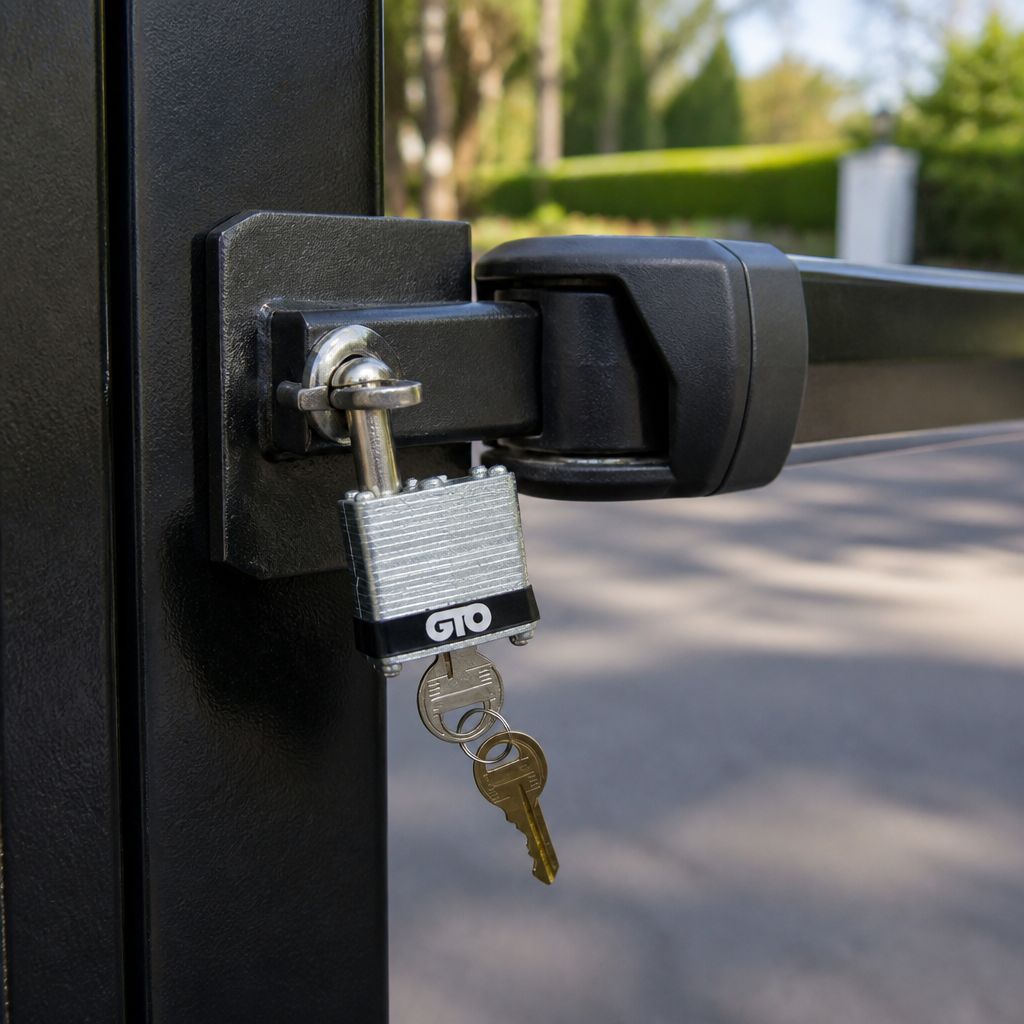 Close-up: GTO FM345 pin lock through the post bracket of a black swing gate opener arm, keys in the lock