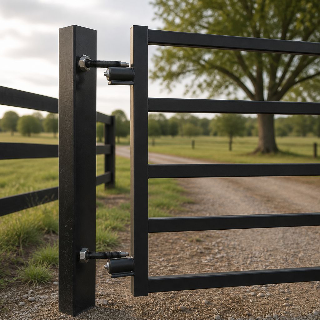 Black steel ranch gate hung on a square post with two 44-2005-ADJ J-bolt barrel hinges, top and bottom, gravel drive beyond