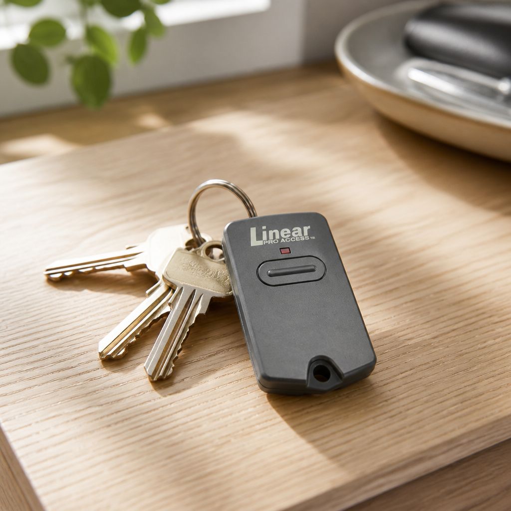 Linear RB741 one-button remote on a key ring with house keys, lying on a wooden table