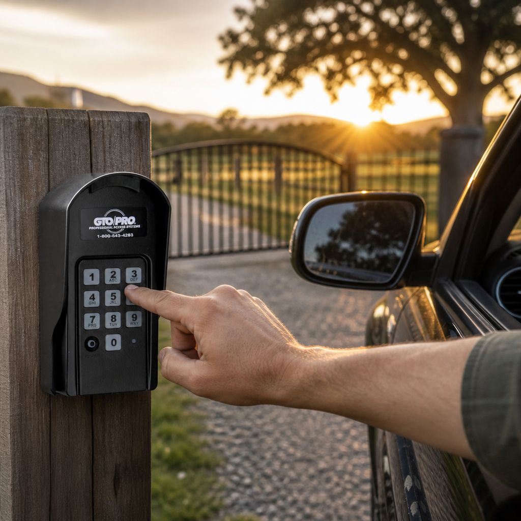 F310 keypad in its hood on a wooden post beside a gravel driveway, a driver pressing a code from the car window